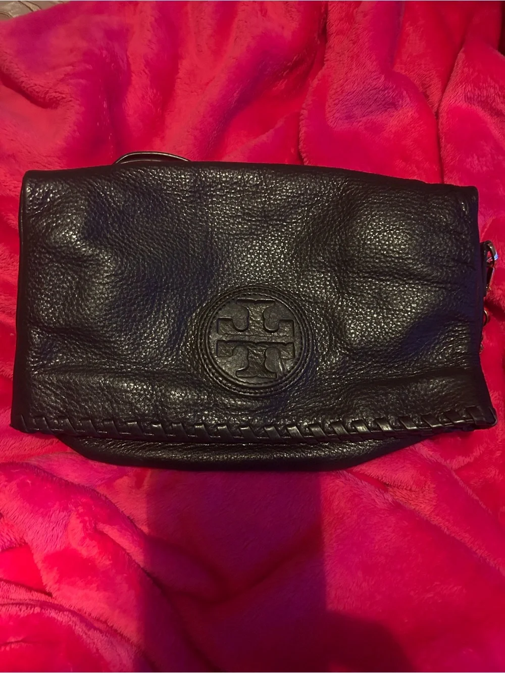 Tory Burch Black Pebbled Leather Fold-Over Clutch